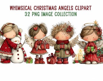 Könnte beinhalten: Bildersammlung mit skurrilen Weihnachtsengel-Clipart. Vier Cartoon-Engel mit Flügeln, gekleidet in roten und grünen Outfits, halten Geschenke und stehen in der Nähe eines Schneemanns und eines Weihnachtsbaums. Der Text lautet: "Whimsical Christmas Angels Clipart 32 PNG Image Collection."