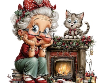 May include: A whimsical illustration features a cartoon woman with glasses, a red bow, and a cat sitting by a fireplace. The woman wears a red shirt, green pants, and red shoes. The fireplace has a fire burning inside, and the cat has a red bow.