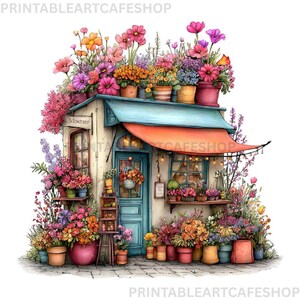 May include: Watercolor illustration of a flower shop with a blue door and awning. The shop is overflowing with potted flowers in shades of pink, orange, yellow, and purple. The text "Mousse" is visible on the building.