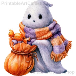 May include: A watercolor illustration of a light purple ghost with large black eyes, wearing a striped orange and purple fringed scarf. The ghost holds a large, round, orange fabric sack tied with a brown string, filled with wrapped candies.