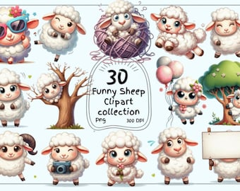 Funny Sheep Clipart Bundle Lamb PNG Set Farm Animal Graphics High Resolution Pack