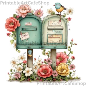 May include: Watercolor illustration of two vintage teal mailboxes with floral and bird accents. The mailboxes are adorned with pink, red, and yellow flowers, and a small bird perches atop one. The image has a whimsical, vintage aesthetic.