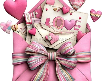 May include: A pink envelope with a large bow and the word "LOVE" on a card. The envelope is filled with cards and pink hearts of various sizes. The image has a Valentine's Day theme.