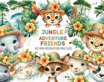 Tropical Animals Clipart Watercolor PNG Bundle Jungle Safari Illustrations Transparent Commercial Use