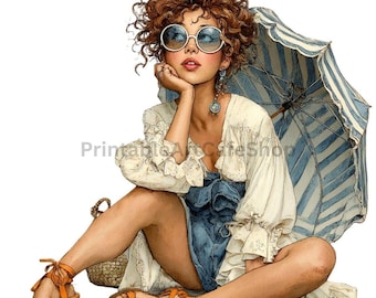 Whimsical Summer Girl Clipart Bundle Watercolor Boho PNG 3600px Commercial Design Set
