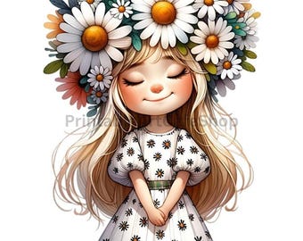 Whimsical Floral Girl Clipart Watercolor Boho PNG Transparent Commercial Digital Download