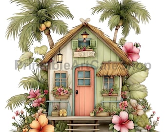 Whimsical Beach Hut Clipart Set Watercolor Coastal Pastel PNG Summer Cottage Designs Commercial Use