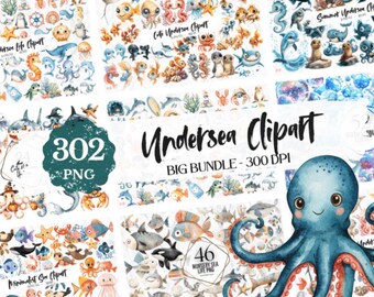 Undersea Animals Clipart Bundle Ocean Life PNG Graphics Marine Creatures Watercolor Illustration Set