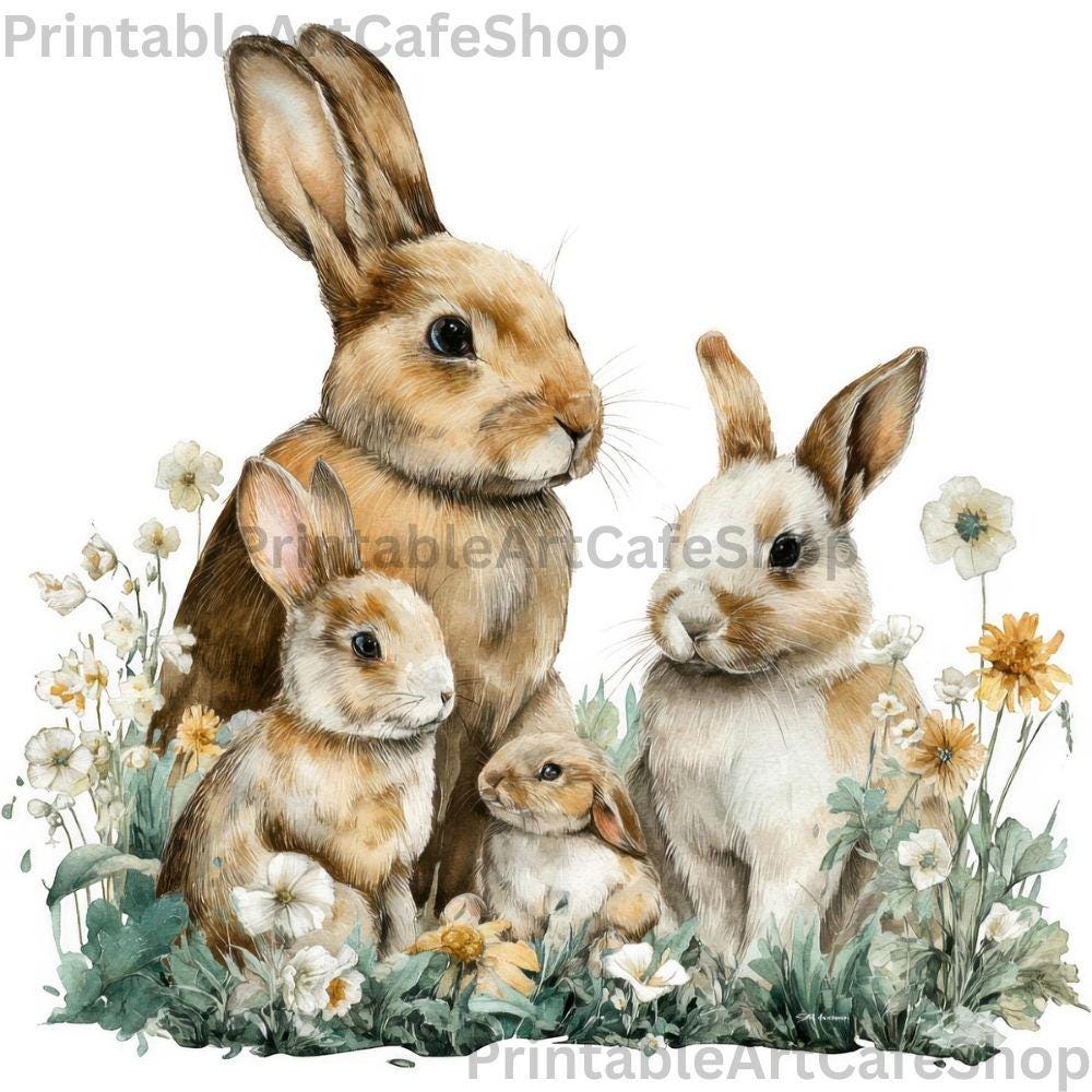 Easter Bunny Family Clipart Watercolor PNG 4000px Spring Nursery Rabbit ...