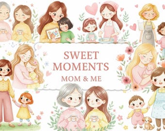 Mom And Daughter Clipart Watercolor PNG Transparent Pastel Family Illustration Bundle