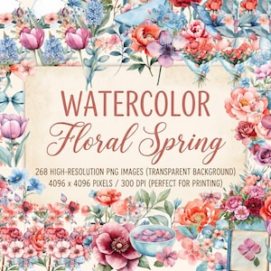 Watercolor Spring Floral Clipart Bundle Botanical Transparent PNG Easter Flower Graphics Wedding Invitation Sublimation