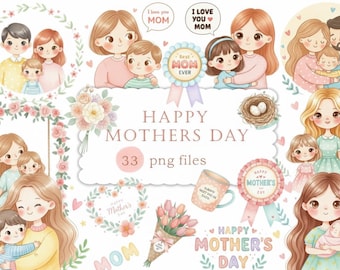 Clipart acquerello per la festa della mamma, mamma e bambini, PNG trasparente, grafica commerciale da 4320 px