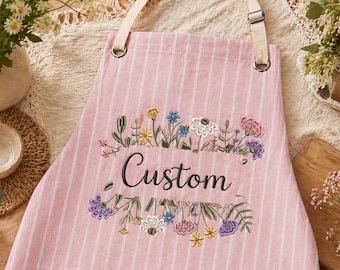 Delantal personalizado, delantal floral bordado a medida, delantal de cocina, regalo para mamá, delantal de cocina para mujer