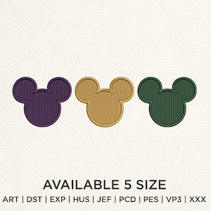 May include: Three embroidered Mickey Mouse head shapes in purple, gold, and green. The text "AVAILABLE 5 SIZE" is below the shapes, along with file type abbreviations. The design is on a textured, off-white background.