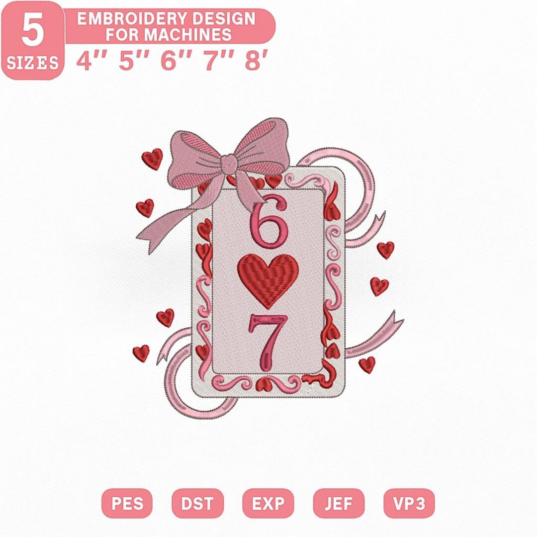 Valentine Numbers 6 7 Embroidery Design, Love Heart Frame With Bow ...