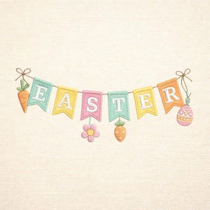Peut inclure: Une bannière aux couleurs pastel avec le mot "EASTER", avec une carotte et un œuf de Pâques à chaque extrémité. La bannière est ornée d'une fleur et d'une carotte. Le fond est beige clair.