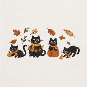 Black Cat Fall Embroidery Design, Autumn Pumpkin Cats Machine Embroidery File, Cute Halloween Kitty Instant Download