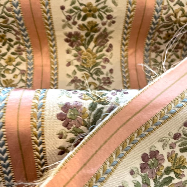 Antique French Jacquard Woven Fabric Remnant Set, Floral Stripe Design, Luxury Interior Textile, 50cm × 40cm and 62cm × 14cm
