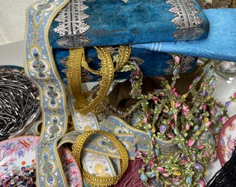 French Antique Blue Velvet Jewelry Box with Ribbon & Textile Trimmings Set