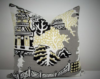 Thibaut Luzon Gray & Black Pillow Cover/ Decorative Accent Pillow/ Asian Chinoiserie Pillow Cover/