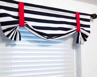 Nautical Tie Up Valance/ Navy-White-Red/ London Valance/ Striped  Tie-Up Curtains/ Custom Sizing Available!