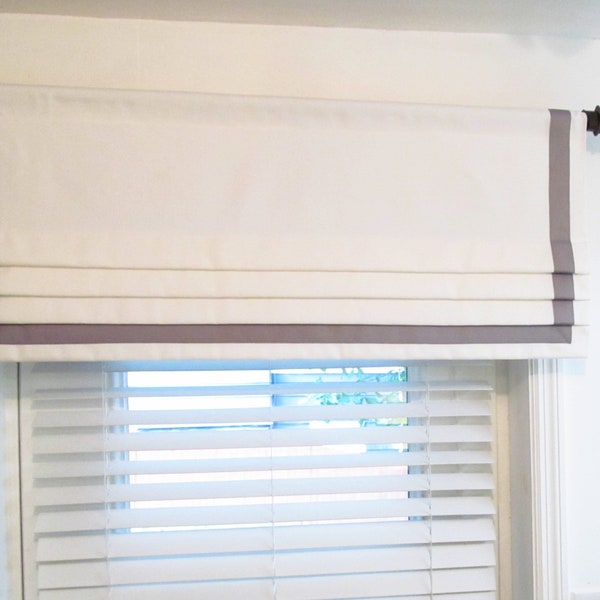 Contemporary  Banded Faux Roman Shades/ White and  Gray/ Grosgrain  Ribbon Trim/ Custom Sizing Available! #010