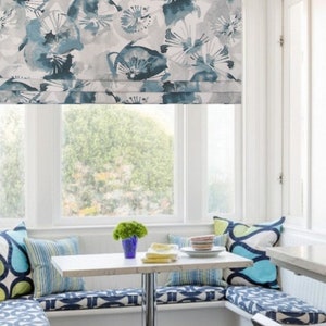 Faux-Fake Roman Shade/ Modern Mock Valance/ Stationary Decorative Roman Shades/ Blue Watercolor Floral Design/ Custom Sizing Available! #362