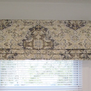 Faux Roman Shade/ Lined  Roman Valance/  Boho Oriental Grey-Beige Ikat/ Custom Sizing Available! #150