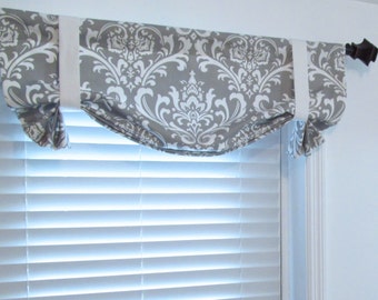 Tie Up Lined Valance/ Gray and White Curtain/ Storm Grey Damask/ Custom Sizing Available!  #113