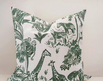Safari Animal Toile Pillow Cover/ Decorative Throw Pillow/ 4 Color Choice Green, Black, Blue, Terracotta/ Custom Sizing! #051