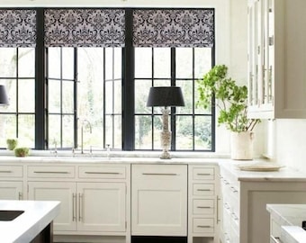 Faux Roman Shade/ Lined Mock Valance/ Fake Roman Shades/ White-Black Damask/  Custom Sizing Available! #171