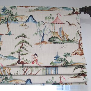 Chinoiserie Faux Roman Shade/ Fake Roman Shades/ Flax Asian Garden Scenes/ Custom Sizing Available 424 image 2