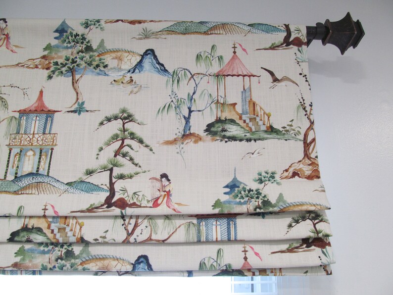 Chinoiserie Faux Roman Shade/ Fake Roman Shades/ Flax Asian Garden Scenes/ Custom Sizing Available 424 image 2