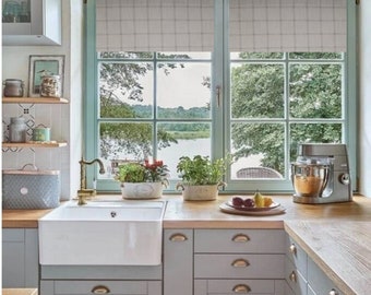 Flat Straight Window Valance/  Modern Farmhouse Curtain/ Off White-Gray  Windowpane/ Custom Sizing Available! #183A