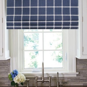 Denim Blue Faux - Fake Roman Shade/ Lined Mock Roman Valance/ Check Gingham Plaid/ Modern Farmhouse/ Custom Sizing Available! #207
