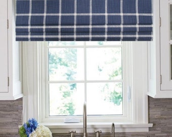 Denim Blue Faux - Fake Roman Shade/ Lined Mock Roman Valance/ Check Gingham Plaid/ Modern Farmhouse/ Custom Sizing Available! #207