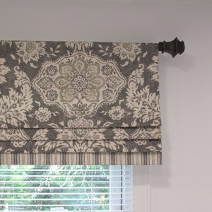 Grey & Cream Faux-Fake Roman Shade with Border/ Trimmed Mock  Roman Valance/  Magnolia Belmont Metal/ Custom Sizing Available! #300