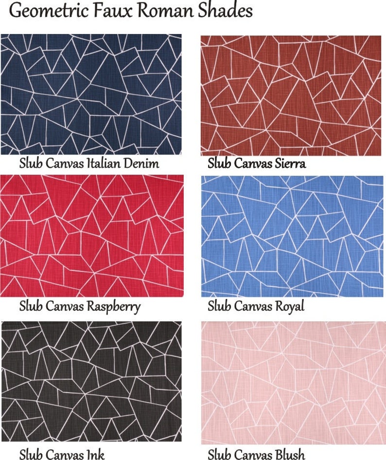Op de afbeelding: Zes stofstalen met geometrische patronen in verschillende kleuren, waaronder marineblauw, rood, roze, zwart en blauw. Elke staal heeft een wit geometrisch patroon en de tekst "Slub Canvas" gevolgd door de kleurnaam.