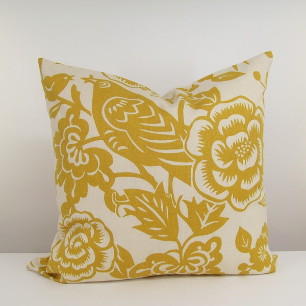 Designer Bird Pillow Cover/ Yellow-Natural Decorative Pillow/ Farmhouse Throw Pillow/ Maize Aviary by Thomas Paul #301