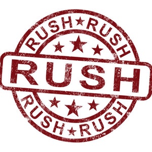 May include: Red rubber stamp with the word "RUSH" in a bold, distressed font. The stamp is surrounded by a circle with the word "RUSH" repeated four times and four stars.