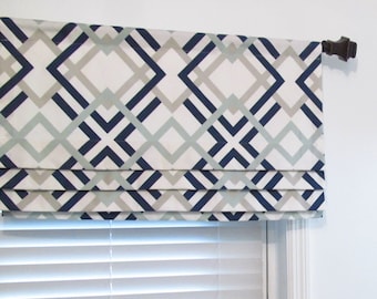 Lined Faux Roman Shade/ Mock Roman Valance/ Geometric Print Navy-Aqua-Grey-White/ Custom Sizing Available! #166