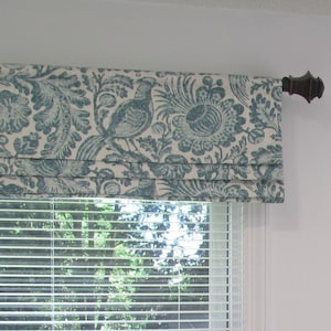 Faux Roman Shade/ Lined  Roman Valance/  Teal Floral-Leaf-Exotic Bird/ Tucker Resist/  Custom Sizing Available! #148