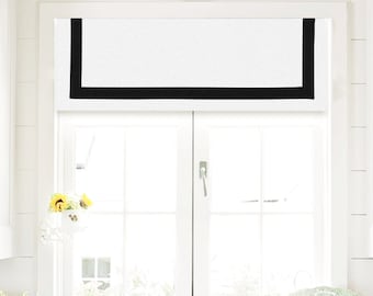 Ribbon Trimmed Valance/ Flat Valance/ Grosgrain Trim/ Modern Banded Curtain/ White & Black/ Custom Sizing Available!  #500