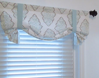 TIE UP  Window Valance/ Lined Curtain/ Light Blue - Taupe - White/ Monroe Slub Snowy/ Custom Sizing Available!