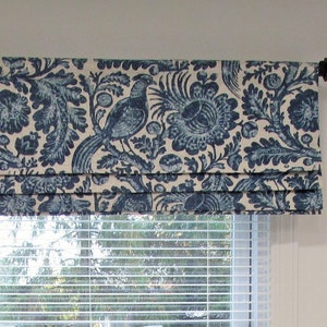 Blue Faux-Fake Roman Shade/ Lined  Mock Roman Valance/ Floral Jacobean Bird/ Custom Sizing Available! #323