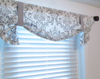 Tie Up  Valance/ London Valance/ Lined Curtain/ Storm Gray - White Damask/  Custom Sizing Available! #163