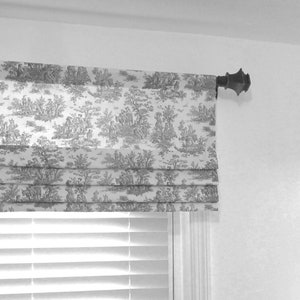 Toile Faux Roman Shade/ French Cottage/ 4 Color Options Gray, Black, Blue, Brown/ Lined  Mock Roman Valance/ Custom Sizing Available! #248