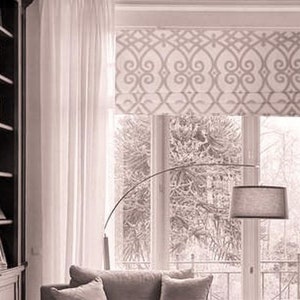 Faux Roman Shade/ Lined  Roman Valance/ Geometric Scroll  by Jaclyn Smith/ Gatework Rot  Dove Gray/ Custom Sizing Available! #361
