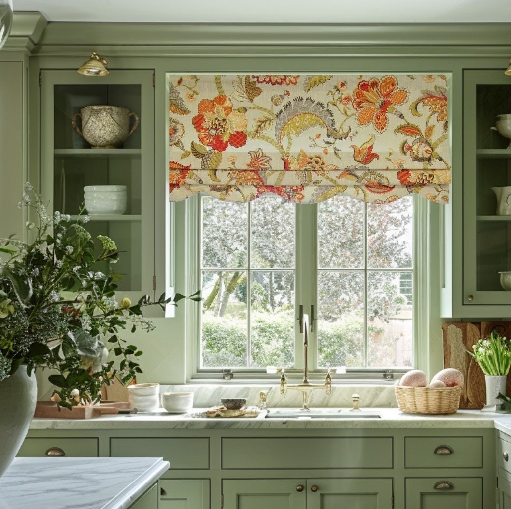 Jacobean Scalloped Faux Roman Shade/ Unique Trimmed Mock Valance