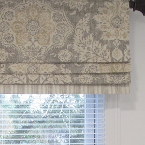 Lined Faux-Fake Roman Shade with Border/ Trimmed Mock  Roman Valance/ Beige-Grey-Cream/ Magnolia Belmont Mist/ Custom Sizing Available! #127